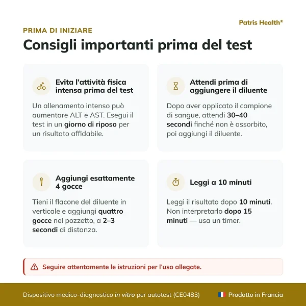 Consigli importanti prima di usare il Patris Health Test di Funzionalita Epatica