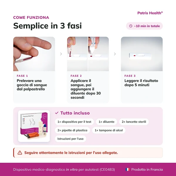 Istruzioni in tre passaggi per usare il Patris Health Test di gravidanza su sangue