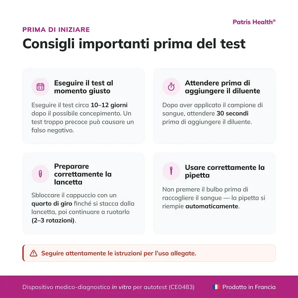 Consigli importanti prima di usare il Patris Health Test di gravidanza su sangue