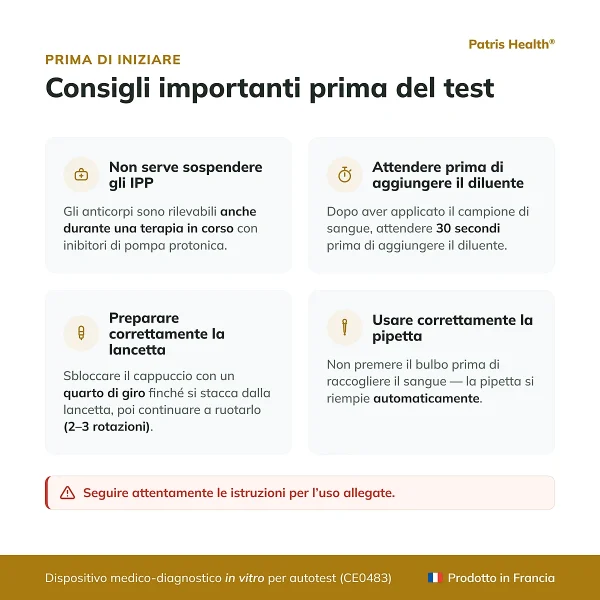 Consigli prima di usare il test Helicobacter pylori Patris Health
