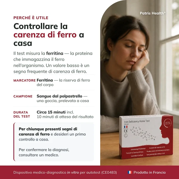 Panoramica del test carenza di ferro Patris Health con informazioni su ferritina, campione e tempo di esecuzione