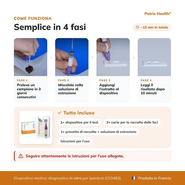 Istruzioni in 4 passaggi per usare il Patris Health Test FIT