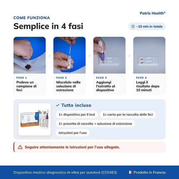 Istruzioni in 4 passaggi per usare il Patris Health Test Rotavirus e Adenovirus