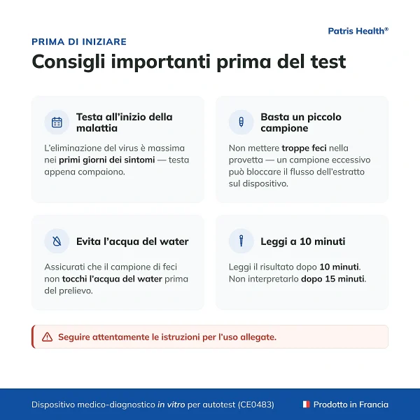 Consigli importanti prima di usare il Patris Health Test Rotavirus e Adenovirus