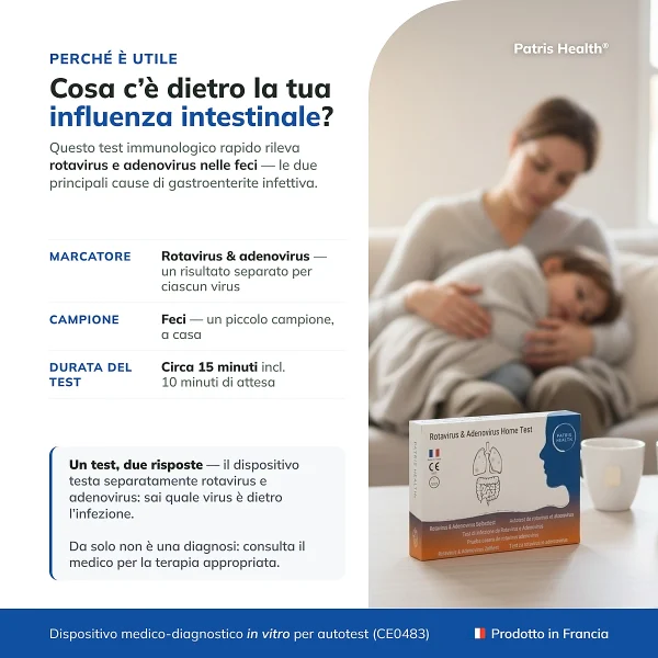 Panoramica del Patris Health Test Rotavirus e Adenovirus con le informazioni principali