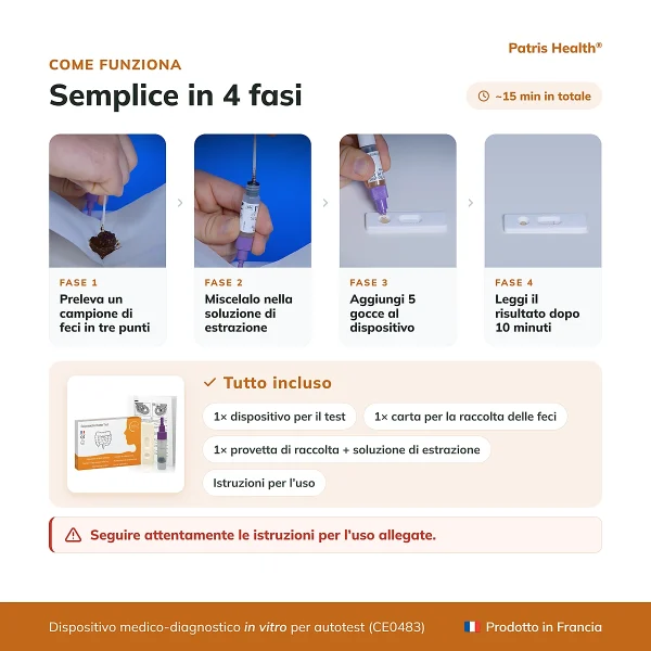 Istruzioni in 4 passaggi per usare il Patris Health Test Calprotectina