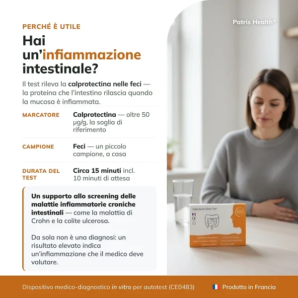 Panoramica del Patris Health Test Calprotectina con le informazioni principali