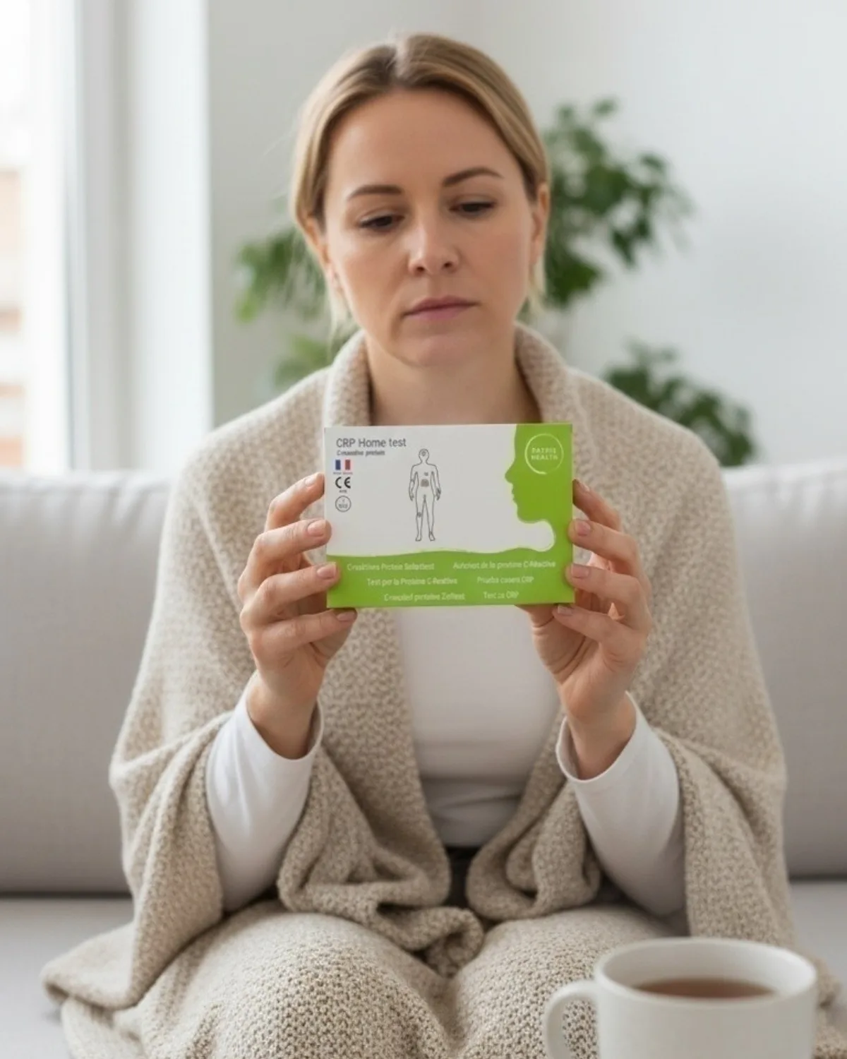Test per la Proteina C-Reattiva di Patris Health – donna a casa sotto una coperta con in mano la confezione del test