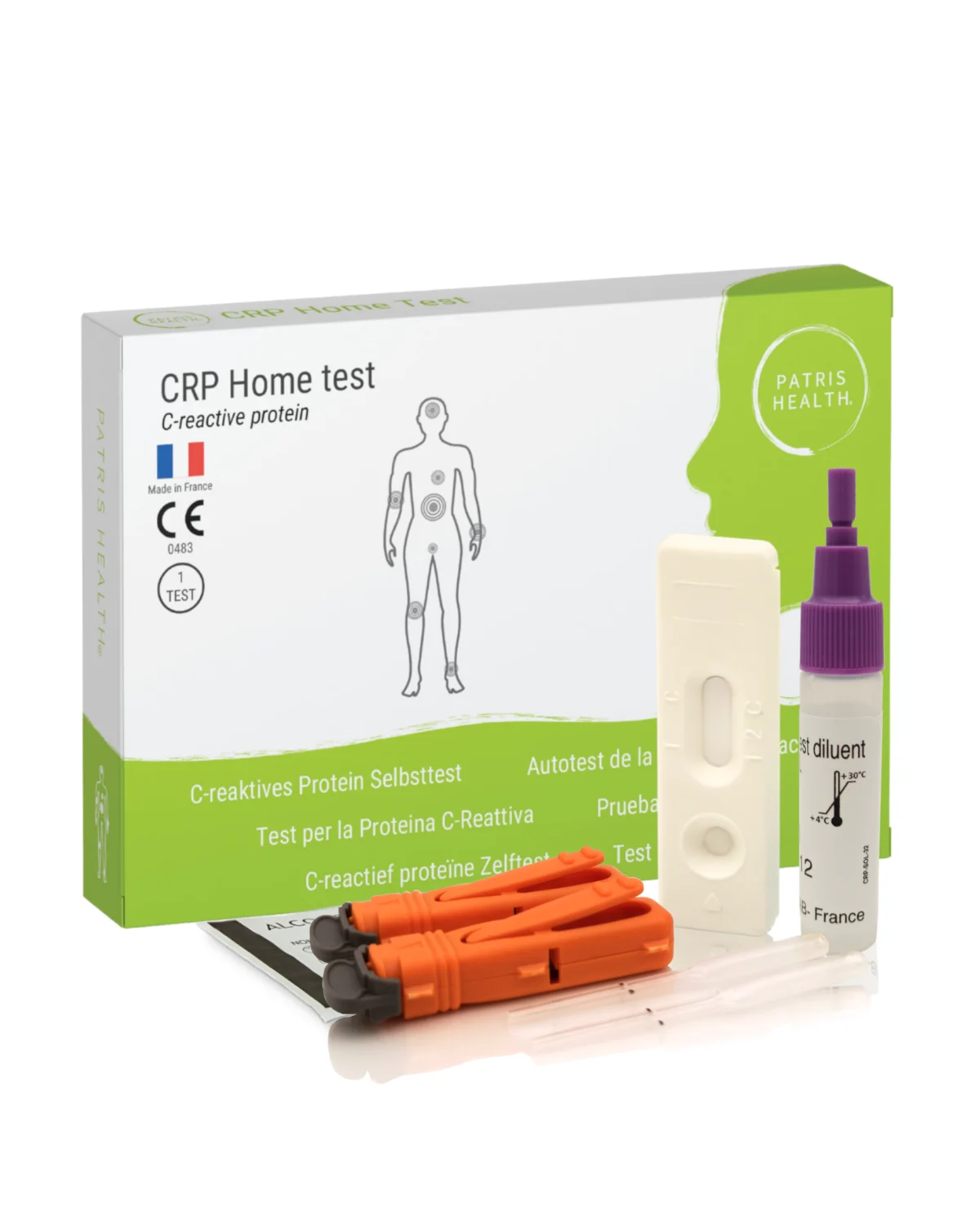 Kit per test autodiagnostico Patris Health: scatola, dispositivo per il test, pipetta, lancetta e istruzioni per l’uso