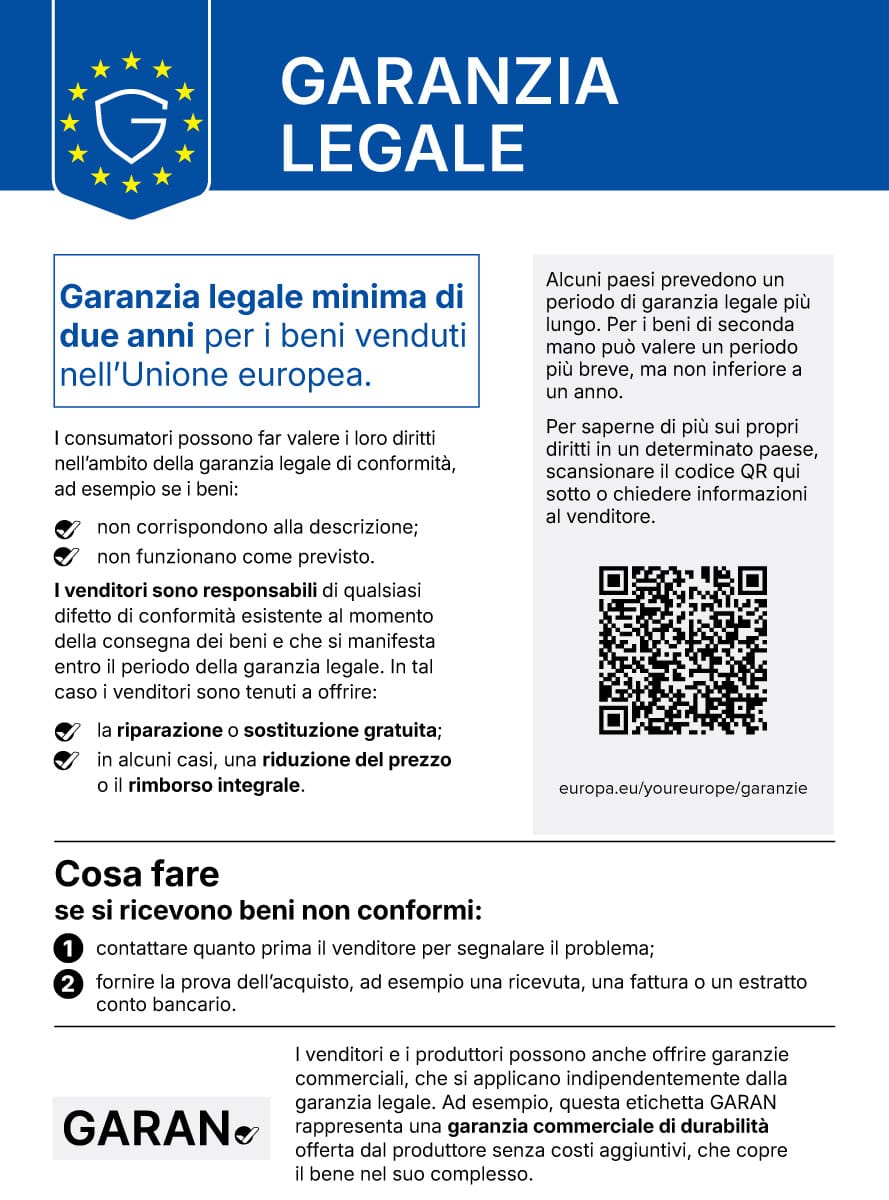 Garanzia legale – avviso ufficiale dell’Unione europea: almeno due anni di protezione grazie alla garanzia legale per i beni venduti nell’Unione europea.